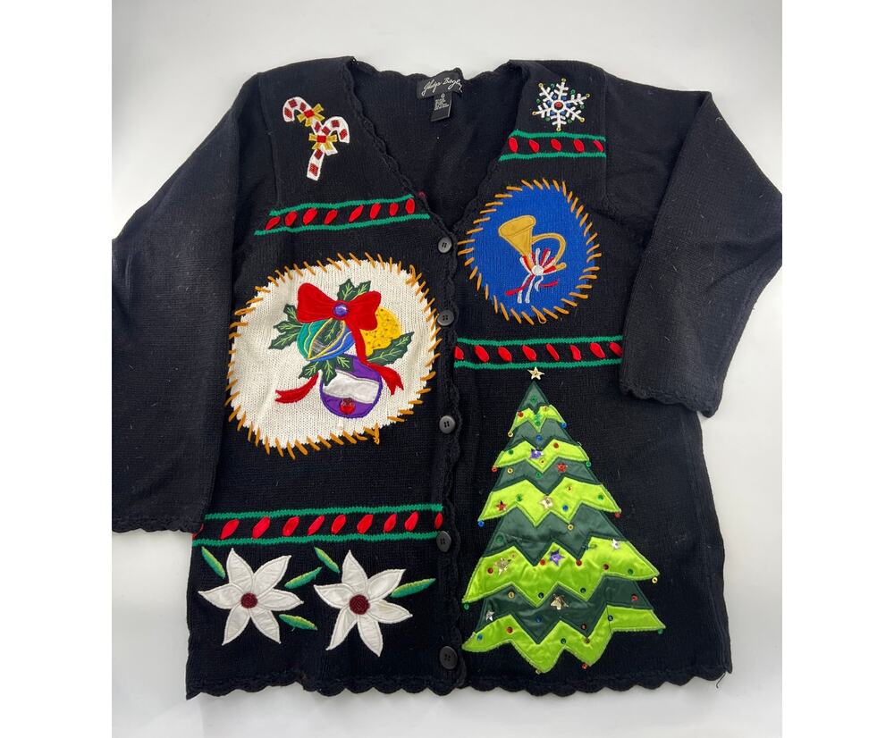 Vintage Gladys Bagley Sweater Cardigan Women Medium Black Knit Christmas Holiday